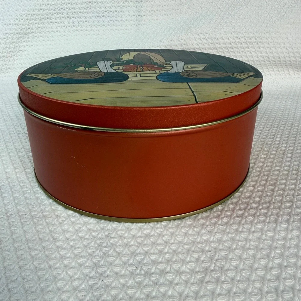 Vintage Holiday Ducks Folk Art Round Metal Decorative Tin Red 7in Cottagecore